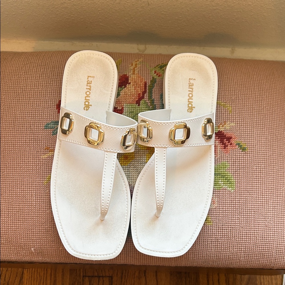 Larroude White Sandals with Gold Accents